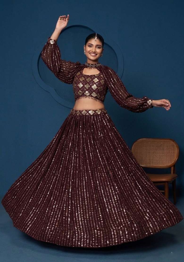 Wine Georgette Lehenga Set with Embroidered for Diwali | Wedding & Festive Wear - Indya