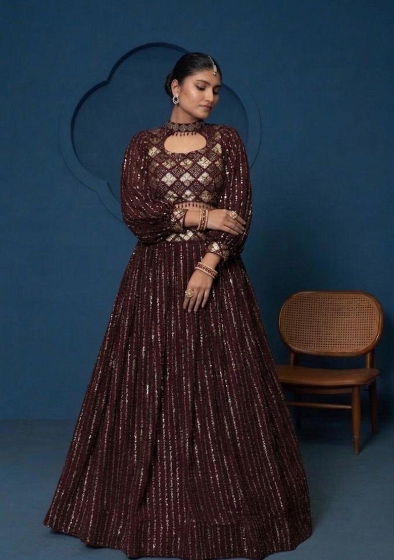 Wine Embroidered Georgette Lehenga Set - Indya