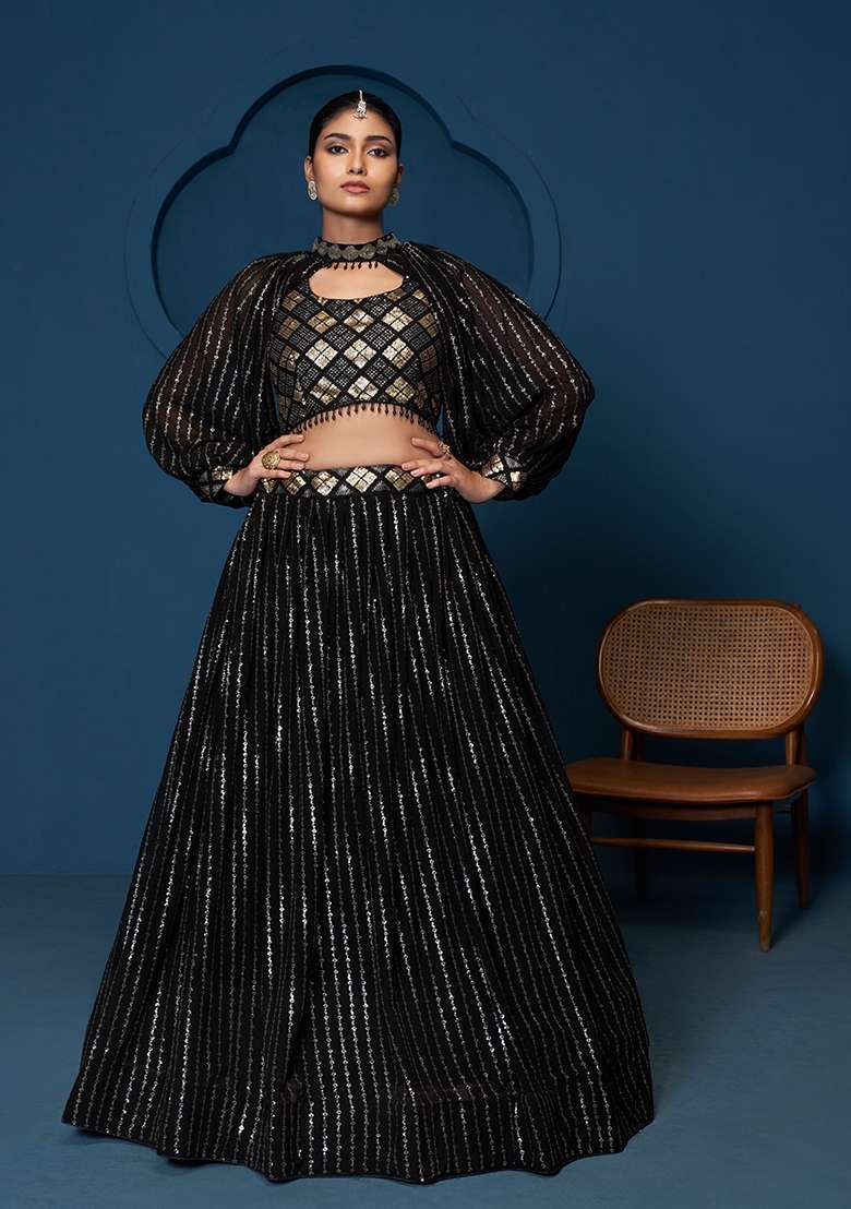Black Georgette Lehenga Set with Embroidered for Diwali | Wedding & Festive Wear - Indya
