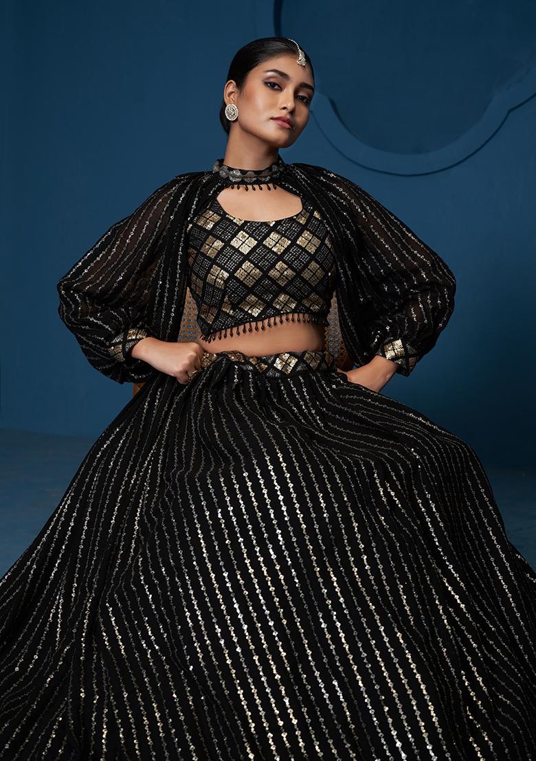 Black Embroidered Georgette Lehenga Set - Indya