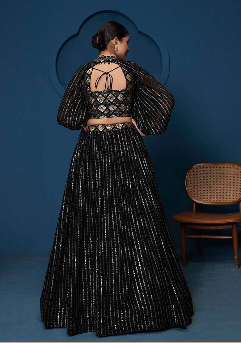 Black Georgette Lehenga Set with Embroidered for Diwali | Wedding & Festive Wear - Indya