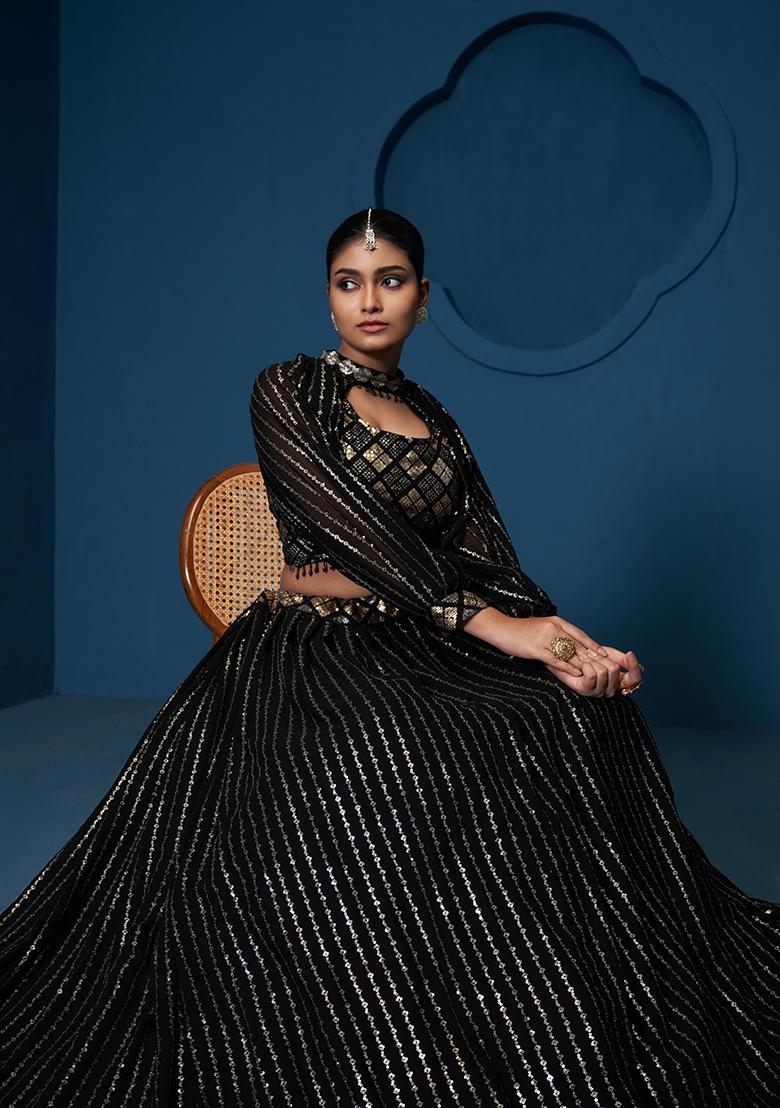 Black Embroidered Georgette Lehenga Set - Indya