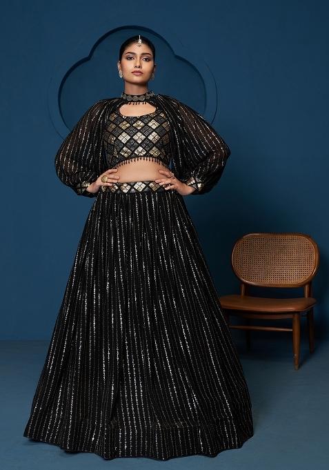 Black Embroidered Georgette Lehenga Set