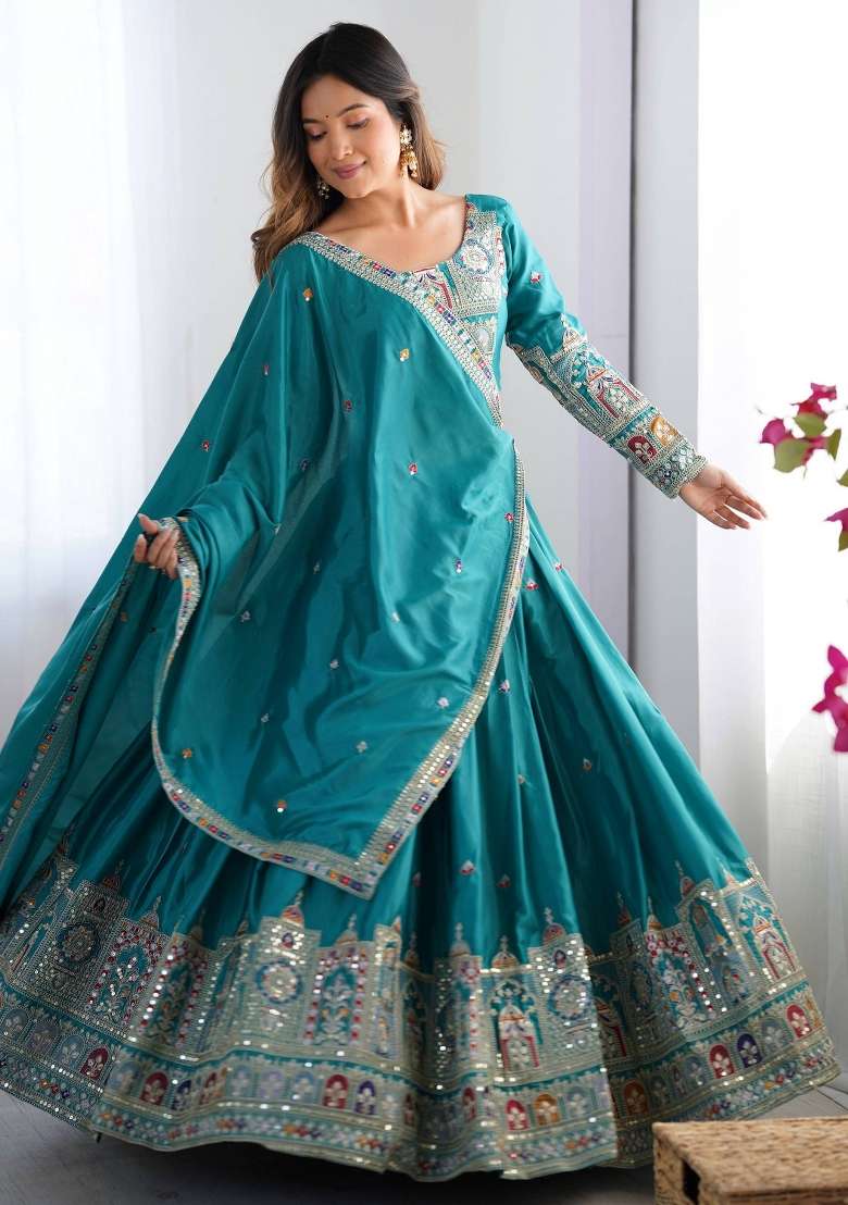 Teal Embroidered Crepe Lehenga Set for Diwali and Festive Wear - Indya