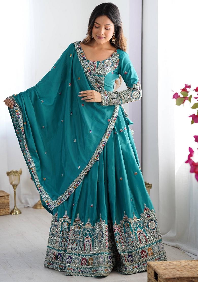 Teal Embroidered Crepe Lehenga Set - Indya