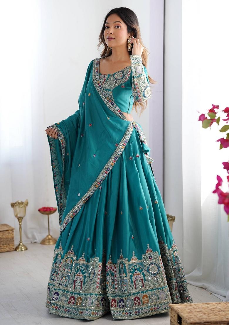 Teal Embroidered Crepe Lehenga Set - Indya