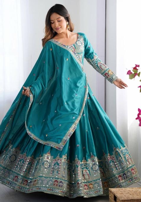 Teal Embroidered Crepe Lehenga Set