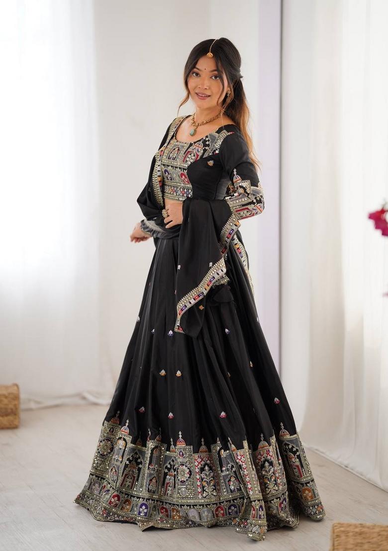 Black Embroidered Crepe Lehenga Set - Indya
