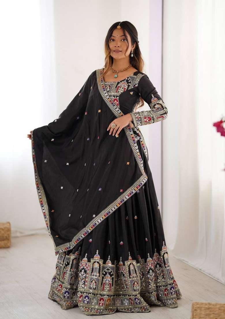 Black Crepe Lehenga Set with Embroidered for Diwali | Wedding & Festive Wear - Indya
