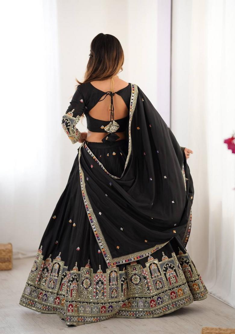Black Embroidered Crepe Lehenga Set - Indya