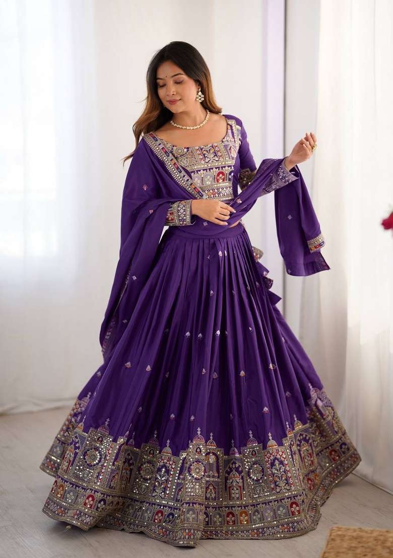 Purple Embroidered Crepe Lehenga Set for Diwali and Festive Wear - Indya