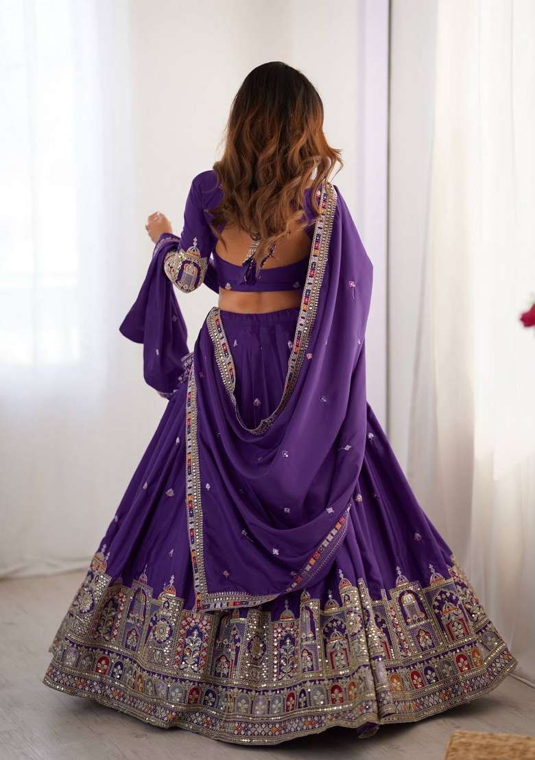 Purple Embroidered Crepe Lehenga Set for Diwali and Festive Wear - Indya