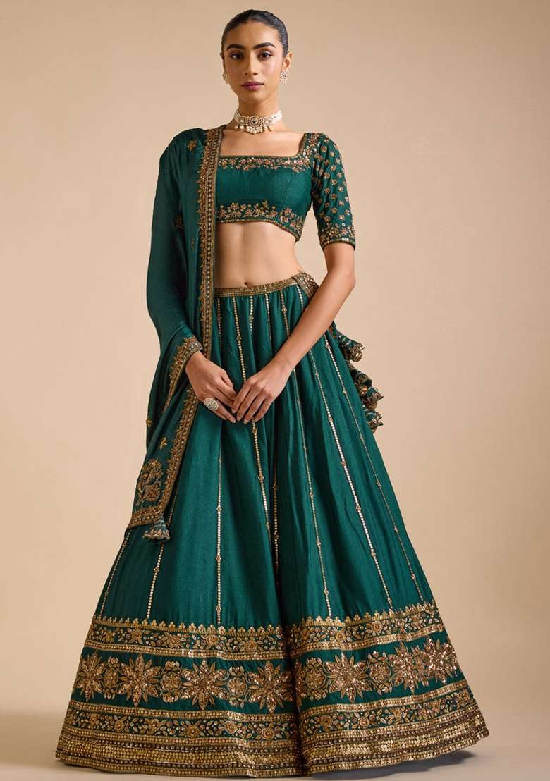 Green Embroidered Vichitra Lehenga Set for Diwali and Festive Wear - Indya