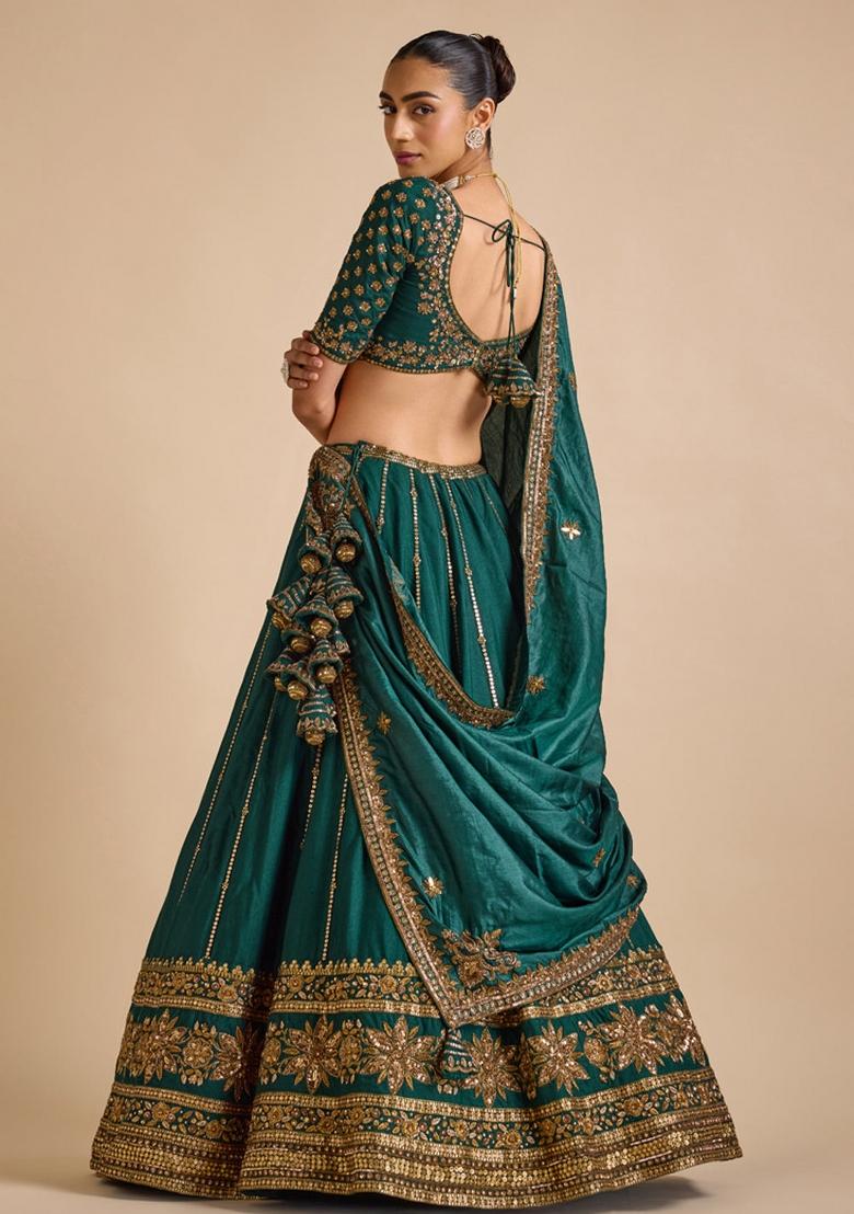 Green Embroidered Vichitra Lehenga Set - Indya