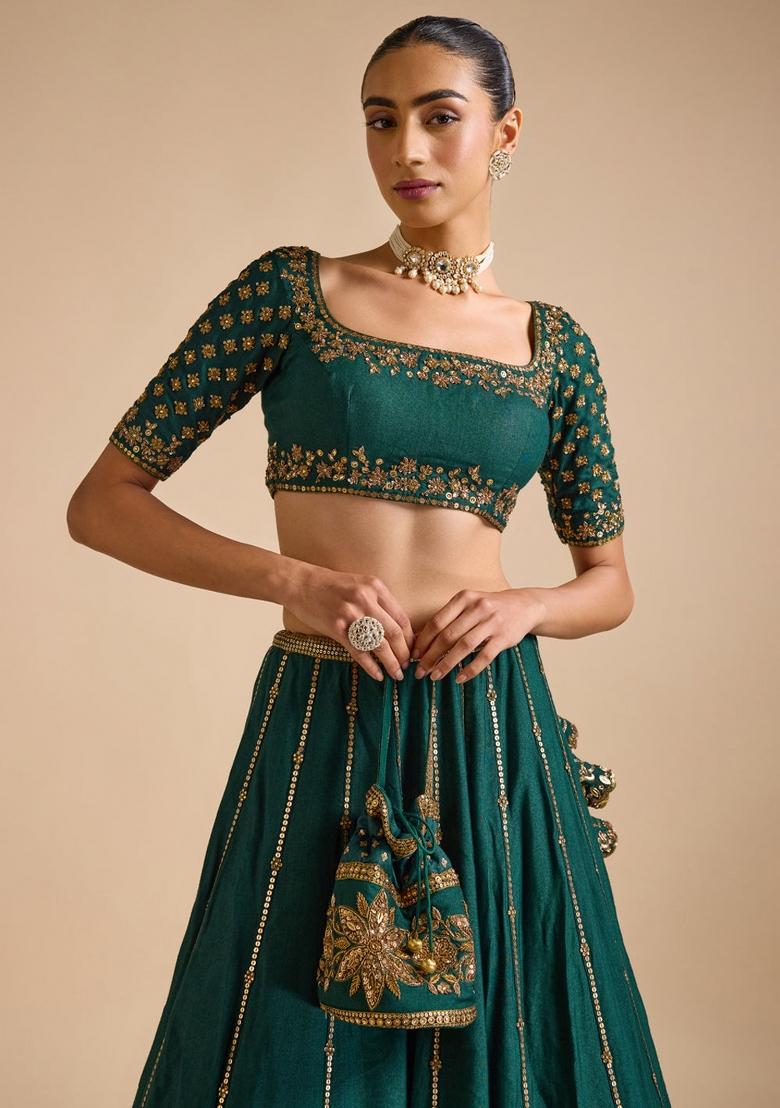 Green Embroidered Vichitra Lehenga Set - Indya