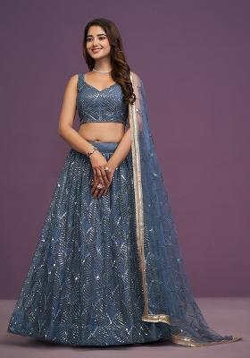 Grey Embroidered Net Lehenga Set