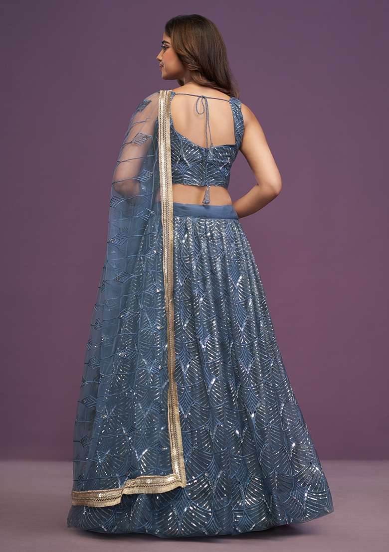 Grey Net Lehenga Set with Embroidered for Diwali | Wedding & Festive Wear - Indya