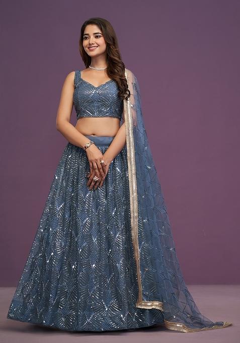 Grey Embroidered Net Lehenga Set