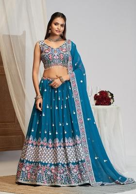 Blue Embroidered Georgette Lehenga Set