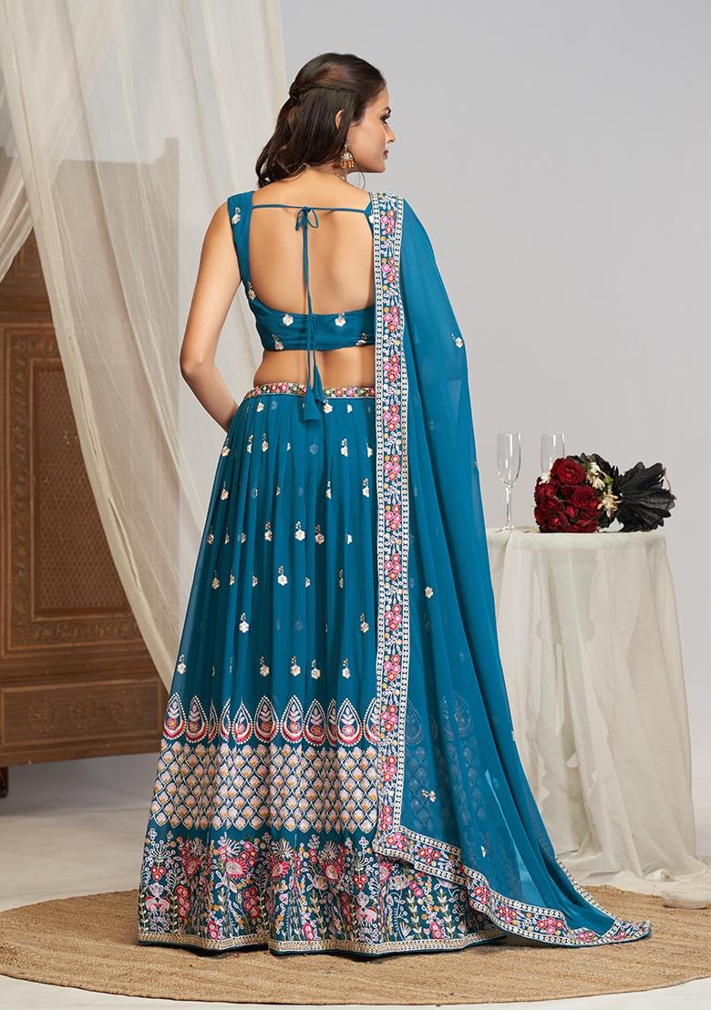 Blue Embroidered Georgette Lehenga Set - Indya