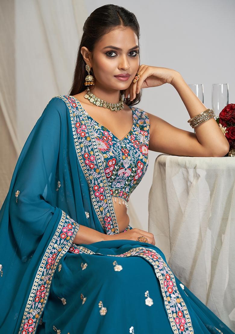 Blue Embroidered Georgette Lehenga Set - Indya