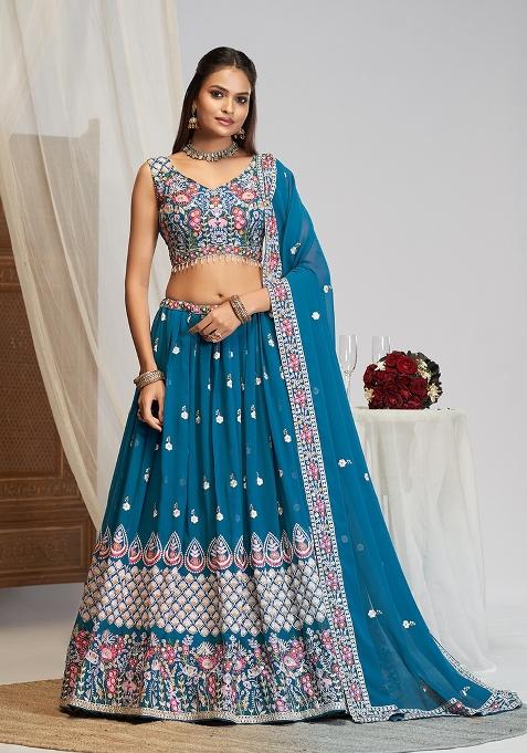 Blue Embroidered Georgette Lehenga Set