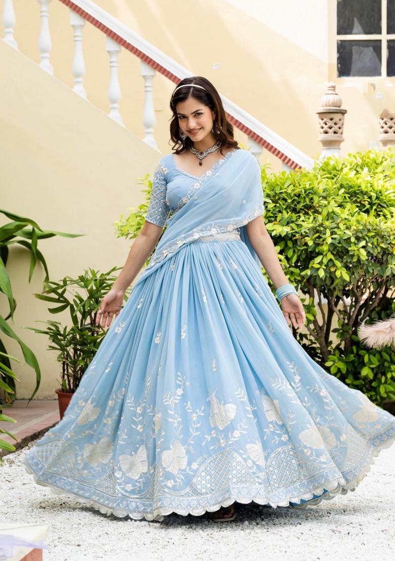 Sky Blue Faux Goergette Georgette Lehenga Set - Indya