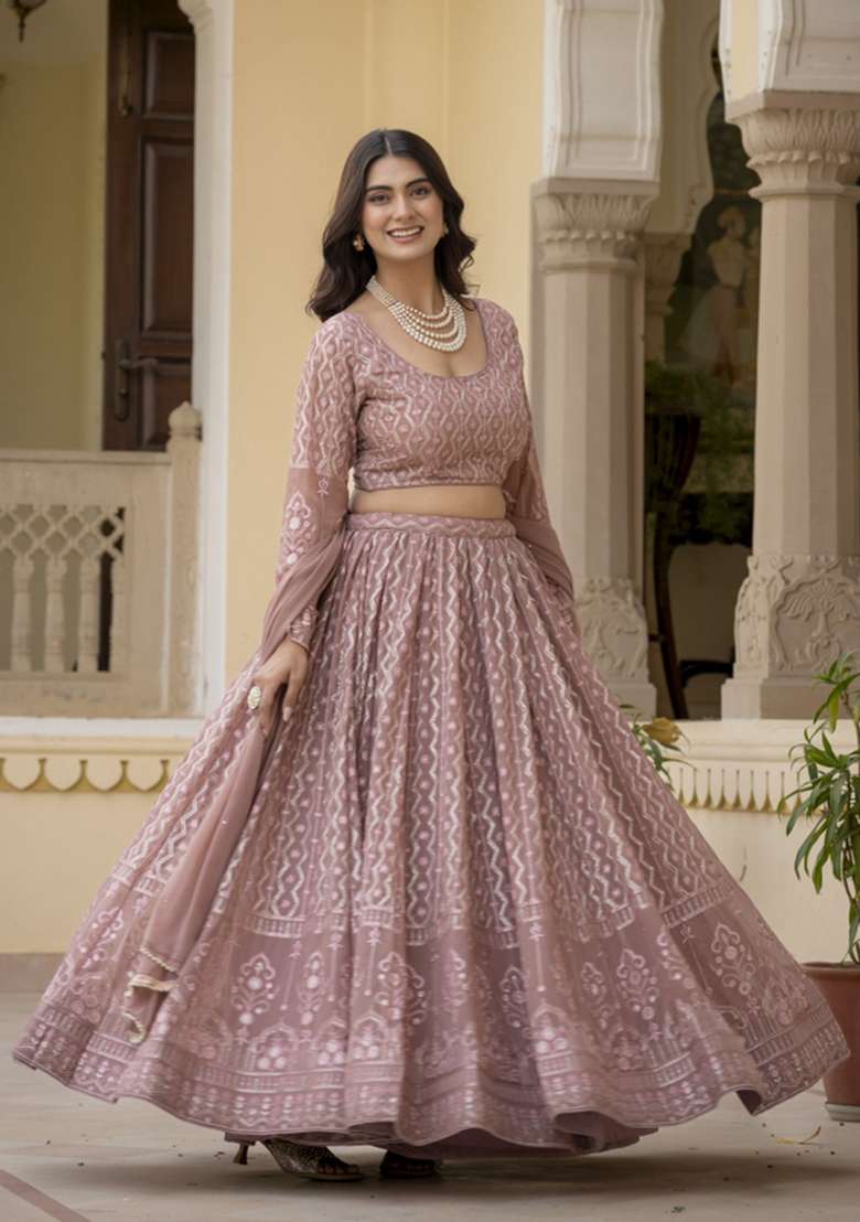 Rosy Brown Georgette Lehenga Set with Embroidered for Diwali | Wedding & Festive Wear - Indya