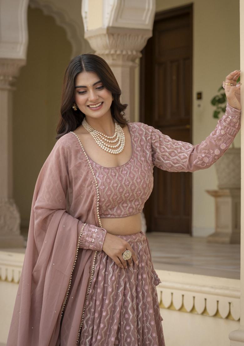 Rosy Brown Embroidered Georgette Lehenga Set - Indya
