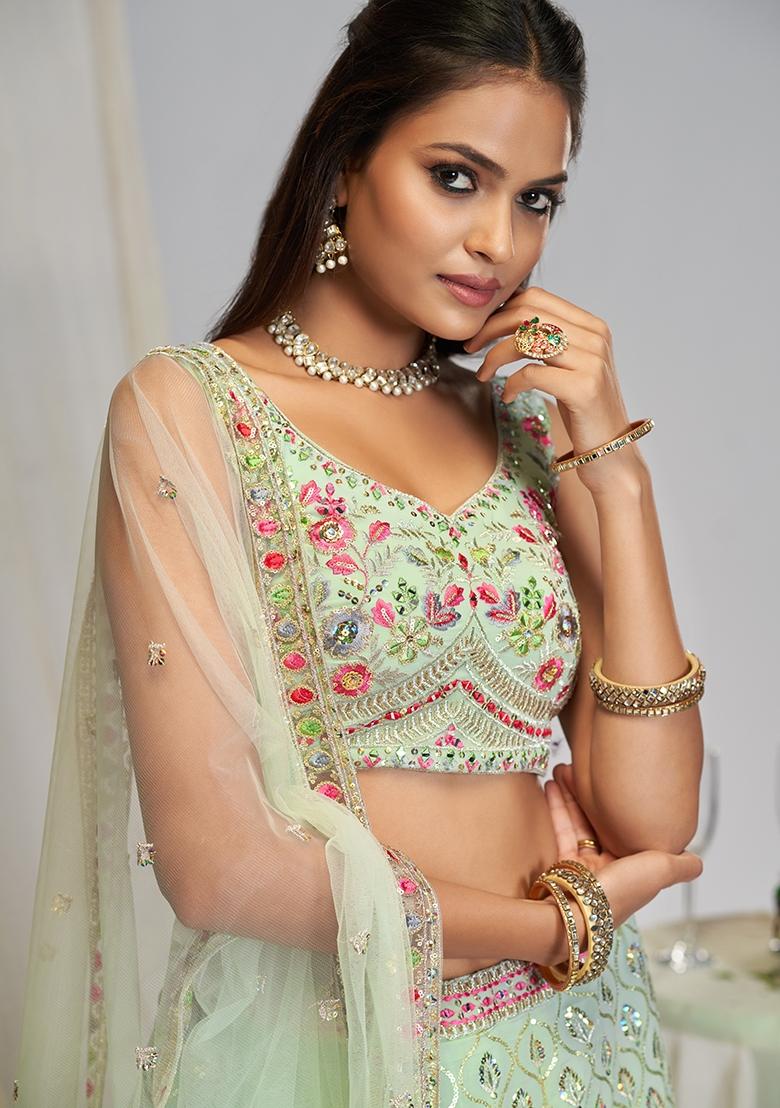Pista Embroidered Georgette Lehenga Set - Indya