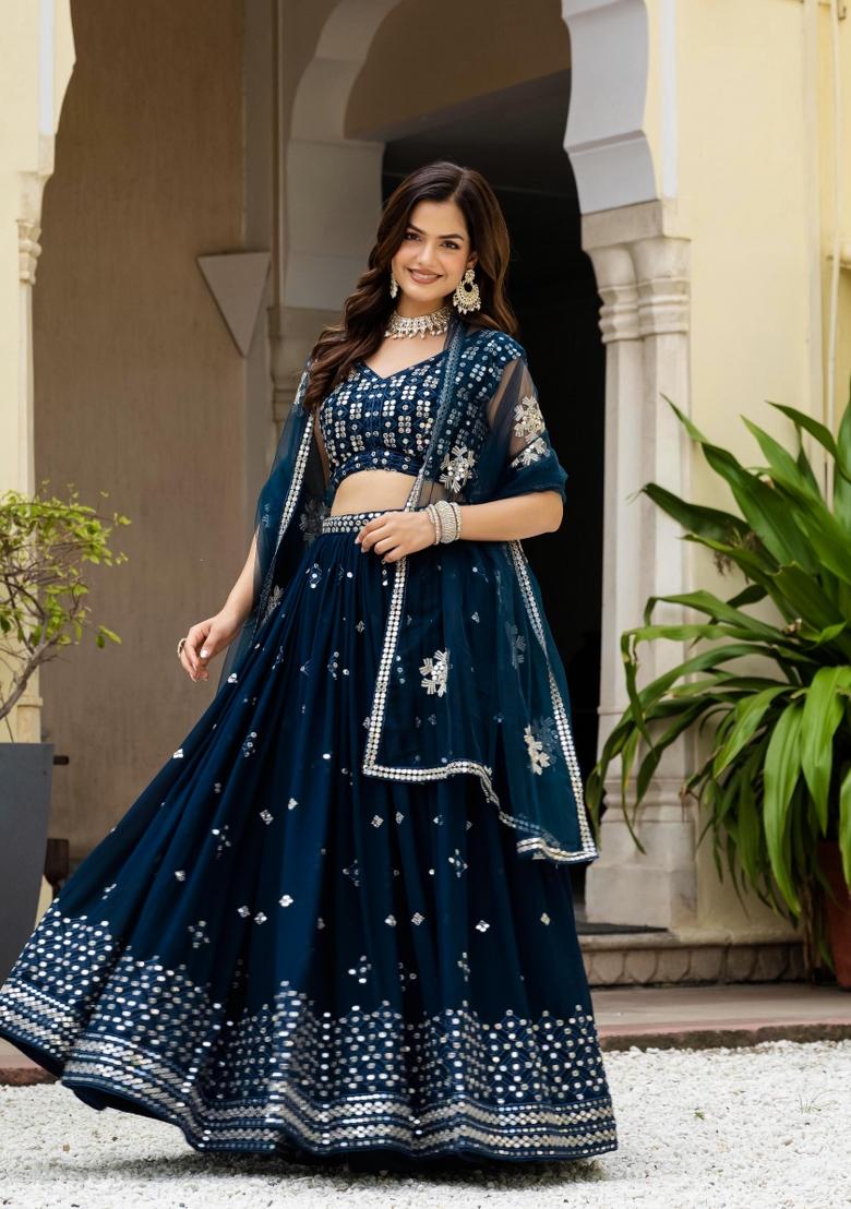 Teal Blue Embroidered Georgette Lehenga Set - Indya