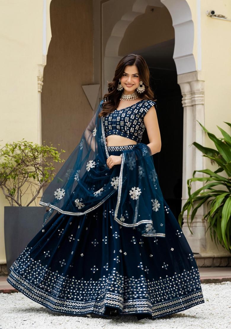 Teal Blue Embroidered Georgette Lehenga Set - Indya