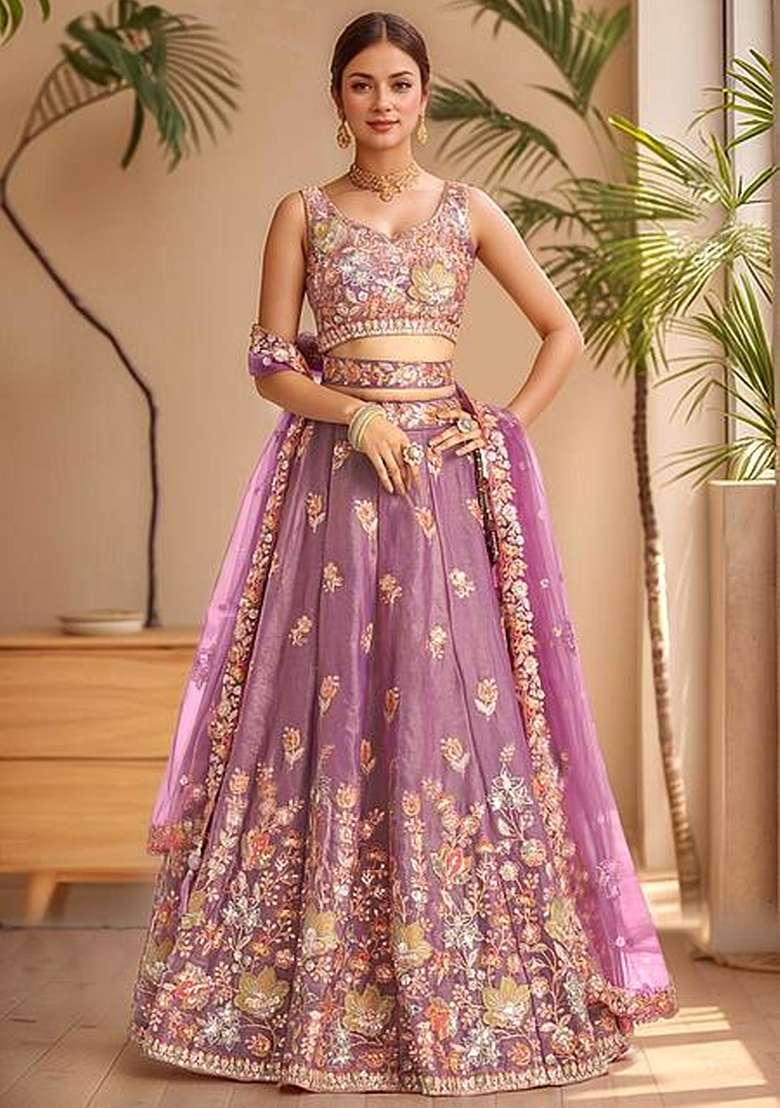 Purple Fandi Lehenga Set with Embroidered for Diwali | Wedding & Festive Wear - Indya