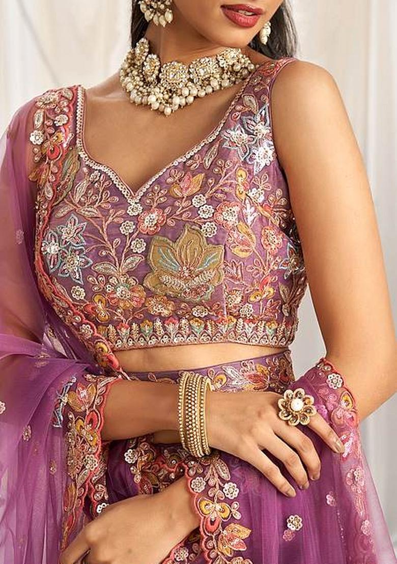 Purple Embroidered Fandi Lehenga Set - Indya
