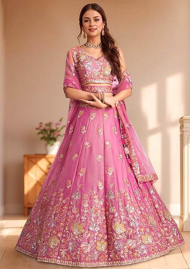 Pink Embroidered Fandi Lehenga Set - Indya