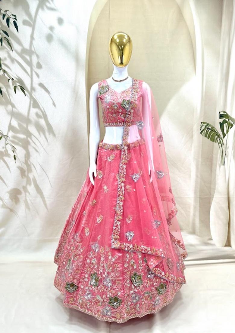 Pink Embroidered Fandi Lehenga Set - Indya