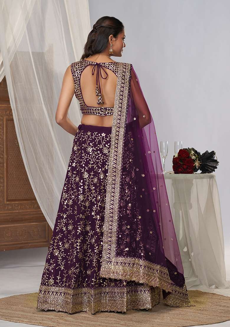 Wine Embroidered Georgette Lehenga Set for Diwali and Festive Wear - Indya