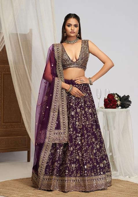 Wine Embroidered Georgette Lehenga Set