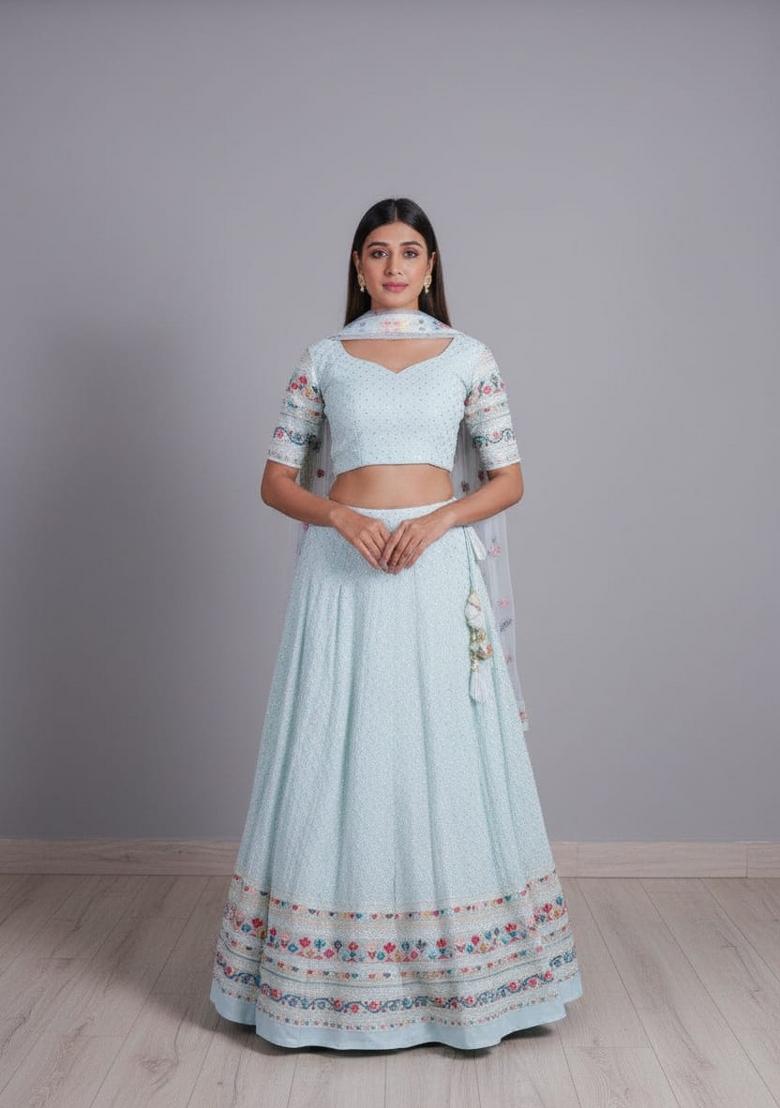 Sky Blue Embroidered Georgette Lehenga Set - Indya