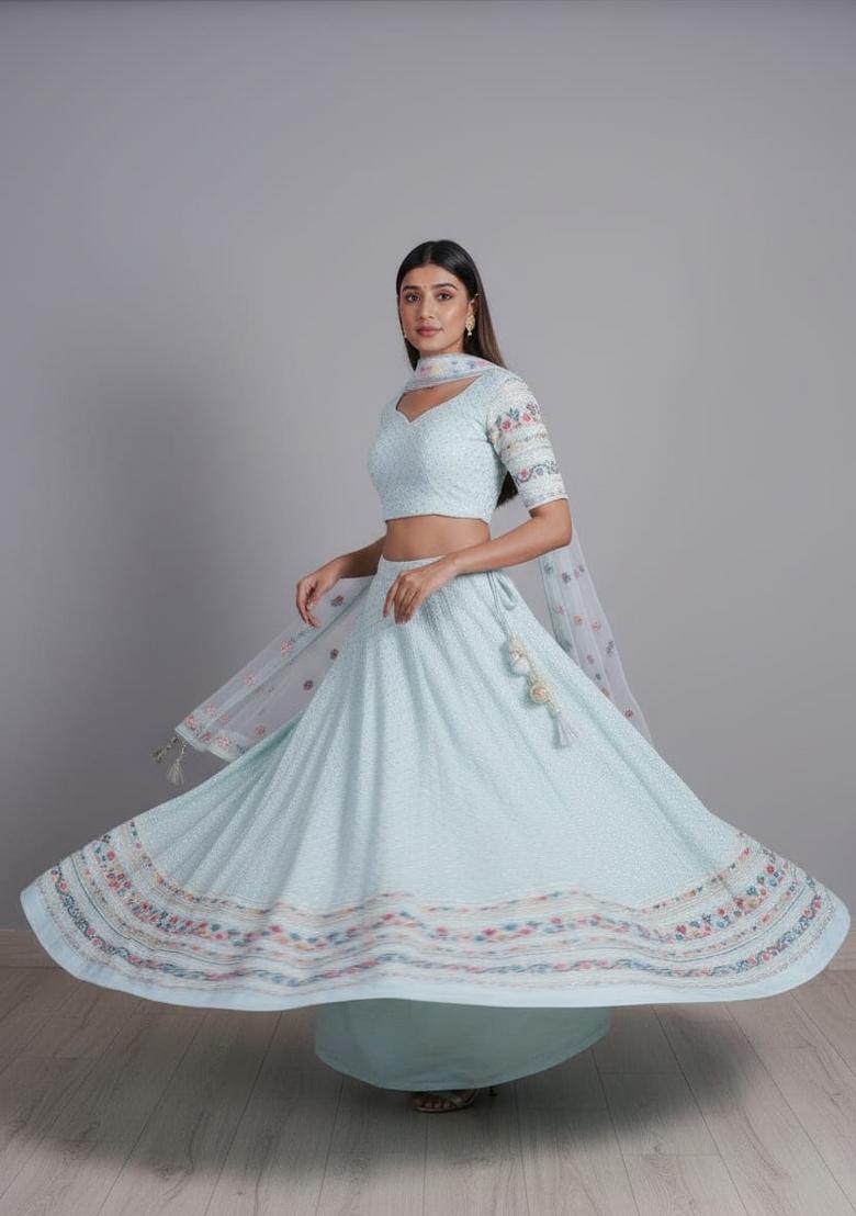 Sky Blue Embroidered Georgette Lehenga Set - Indya