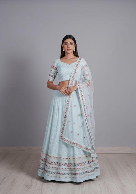 Sky Blue Embroidered Georgette Lehenga Set