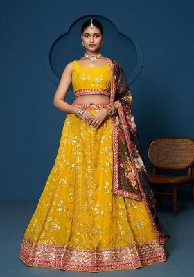 Yellow Embroidered Georgette Lehenga Set