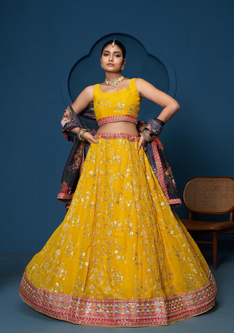 Yellow Embroidered Georgette Lehenga Set - Indya