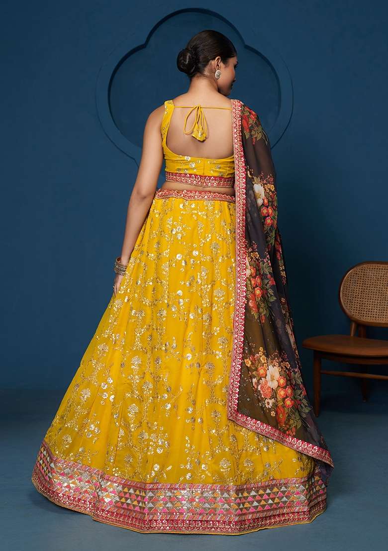 Yellow Embroidered Georgette Lehenga Set for Diwali and Festive Wear - Indya