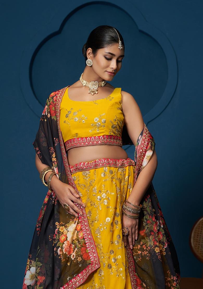 Yellow Embroidered Georgette Lehenga Set - Indya