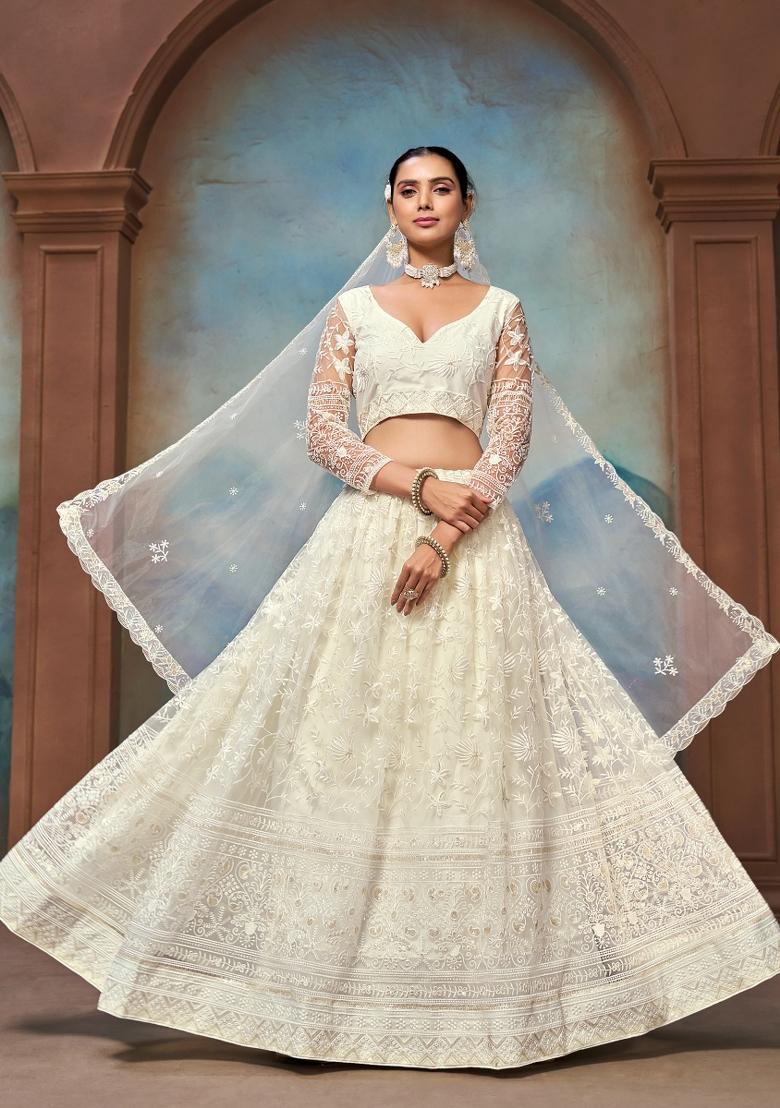 Beige Embroidered Net Lehenga Set - Indya