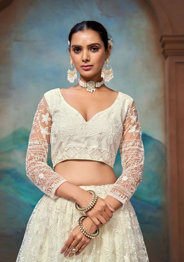 Beige Embroidered Net Lehenga Set for Diwali and Festive Wear - Indya