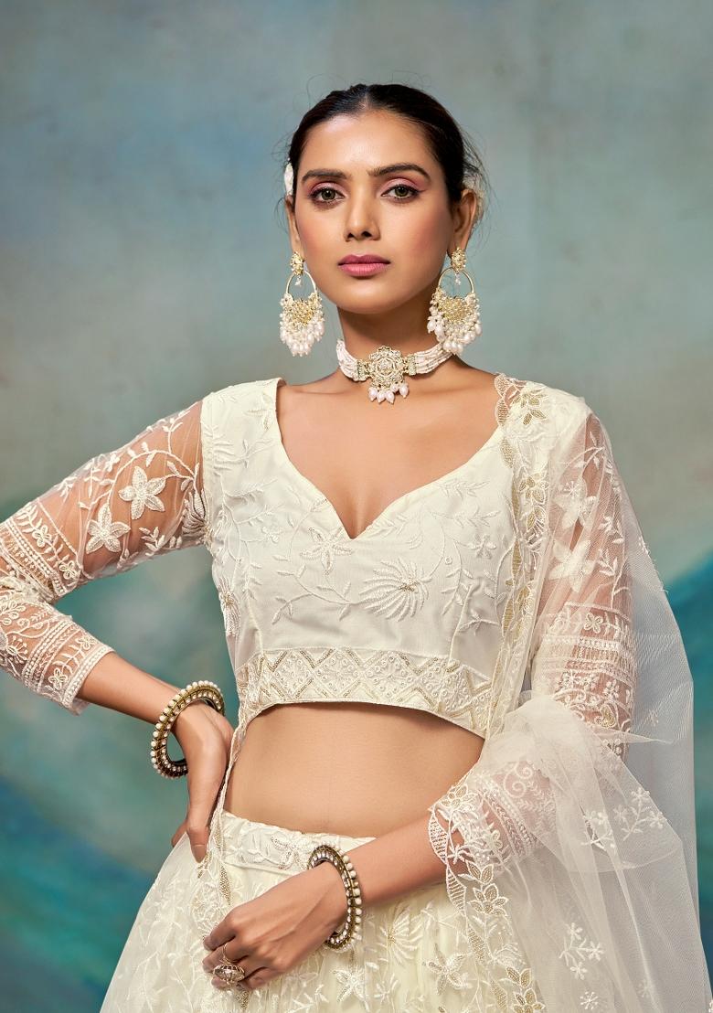 Beige Embroidered Net Lehenga Set - Indya