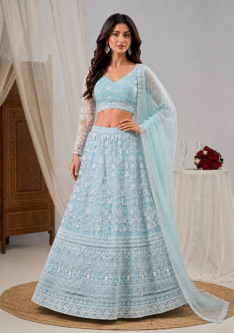 Sky Blue Embroidered Net Lehenga Set - Indya