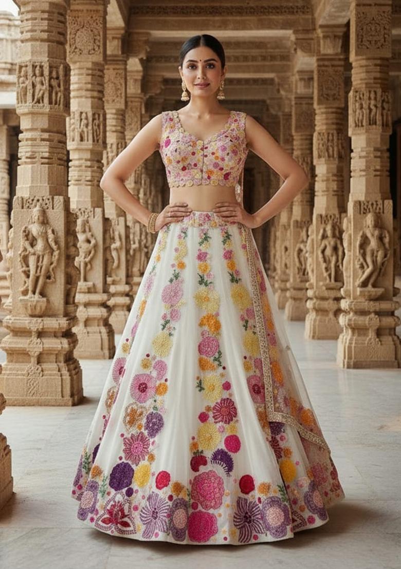 Beige Embroidered Chinon Lehenga Set - Indya